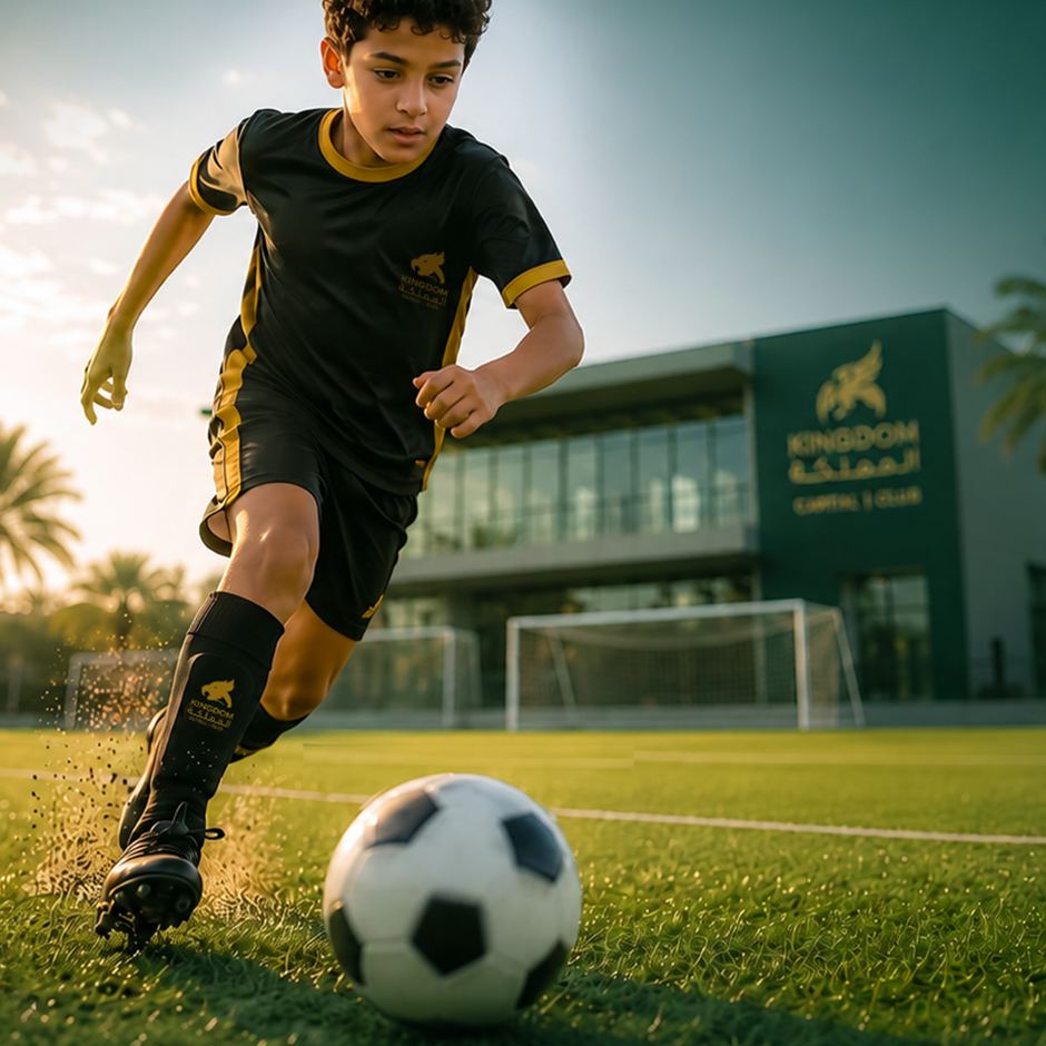 لاعب ناشئ يراوغ بكرة القدم في ملعب FMD Sport